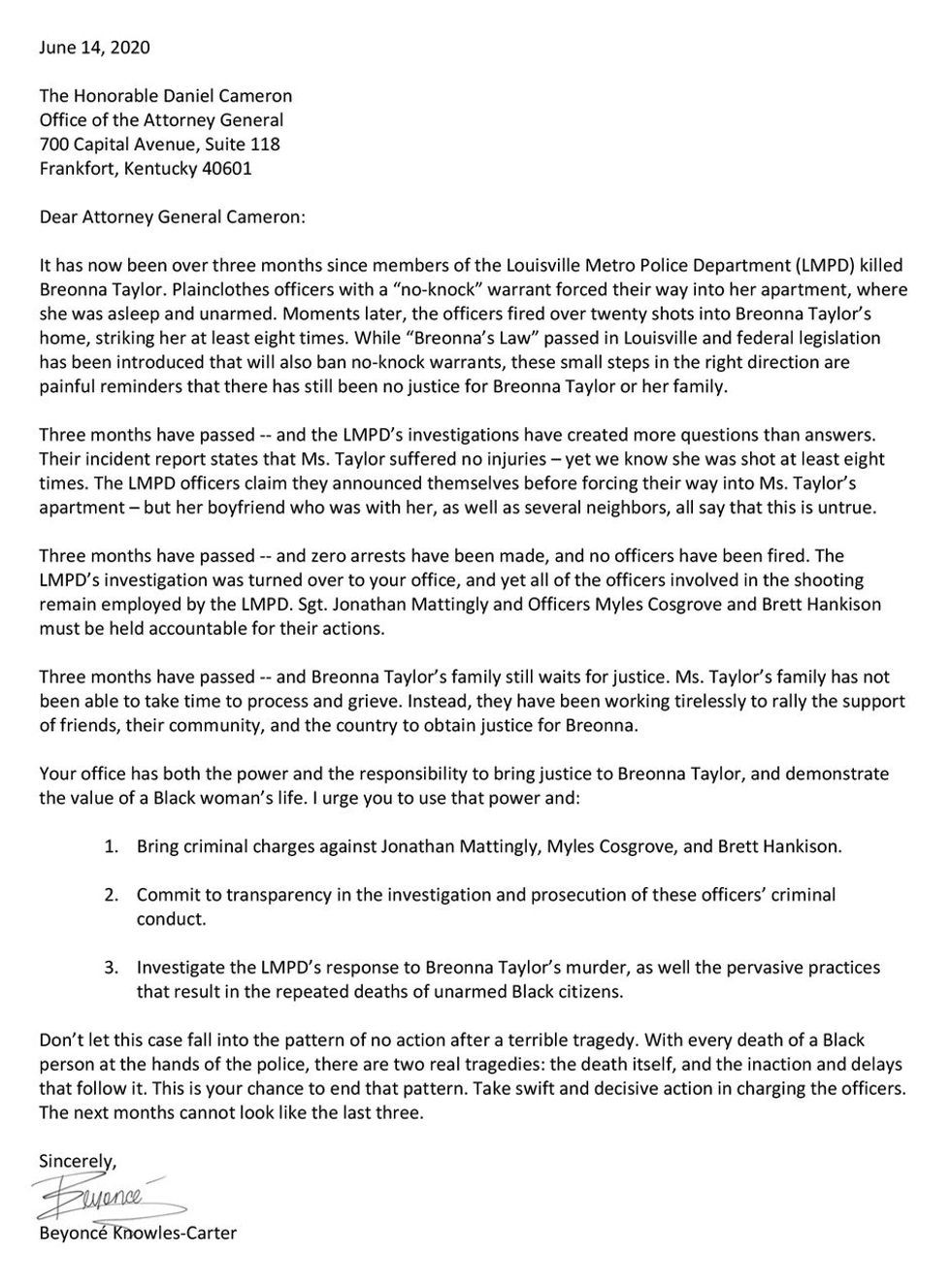 Letter to Attorney General