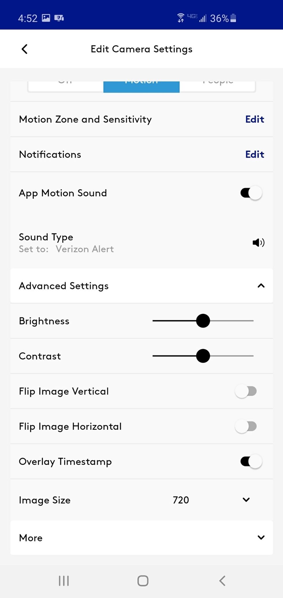 blue by adt app camera settings screen