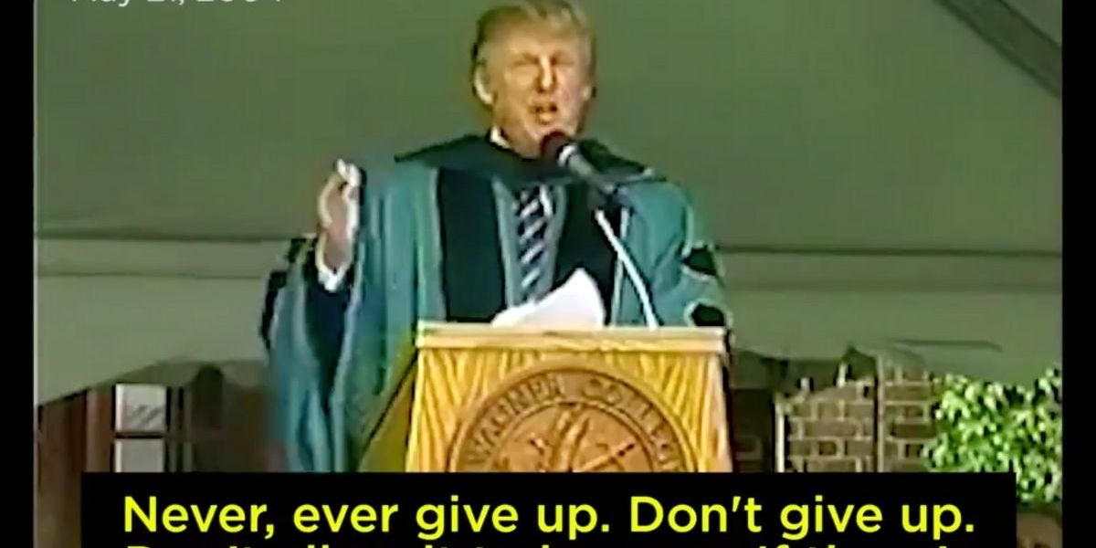 Trump graduation speech climb over wall image