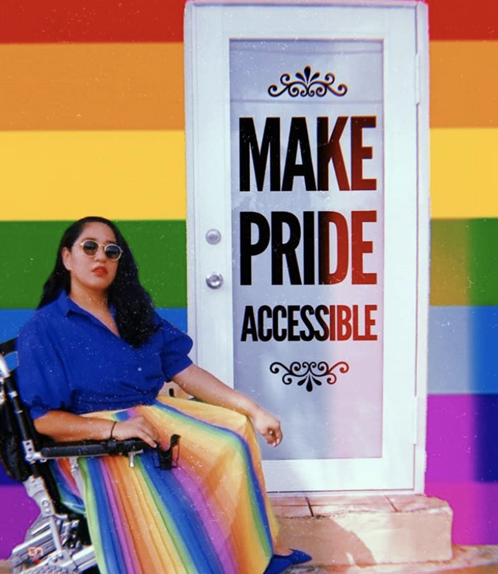 Image of Anniee in wheelchair, with rainbow skirt by a door that says make Pride accessible. 