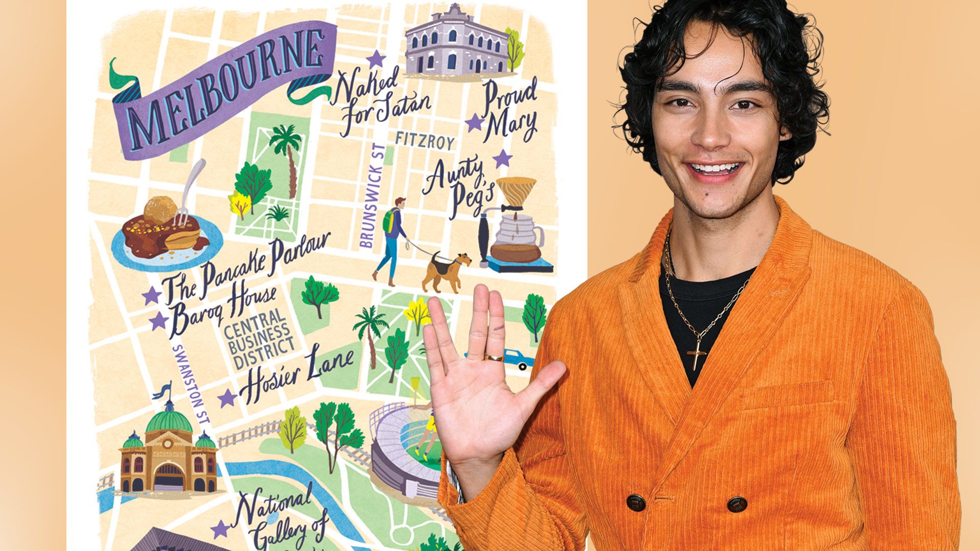 Illustrated map of Melbourne and actor Evan Evagora.