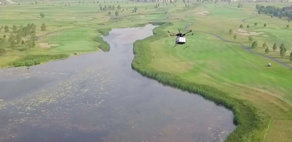 Flytrex drone flying across the King's Walk Golf Course in Grand Forks, North Dakota