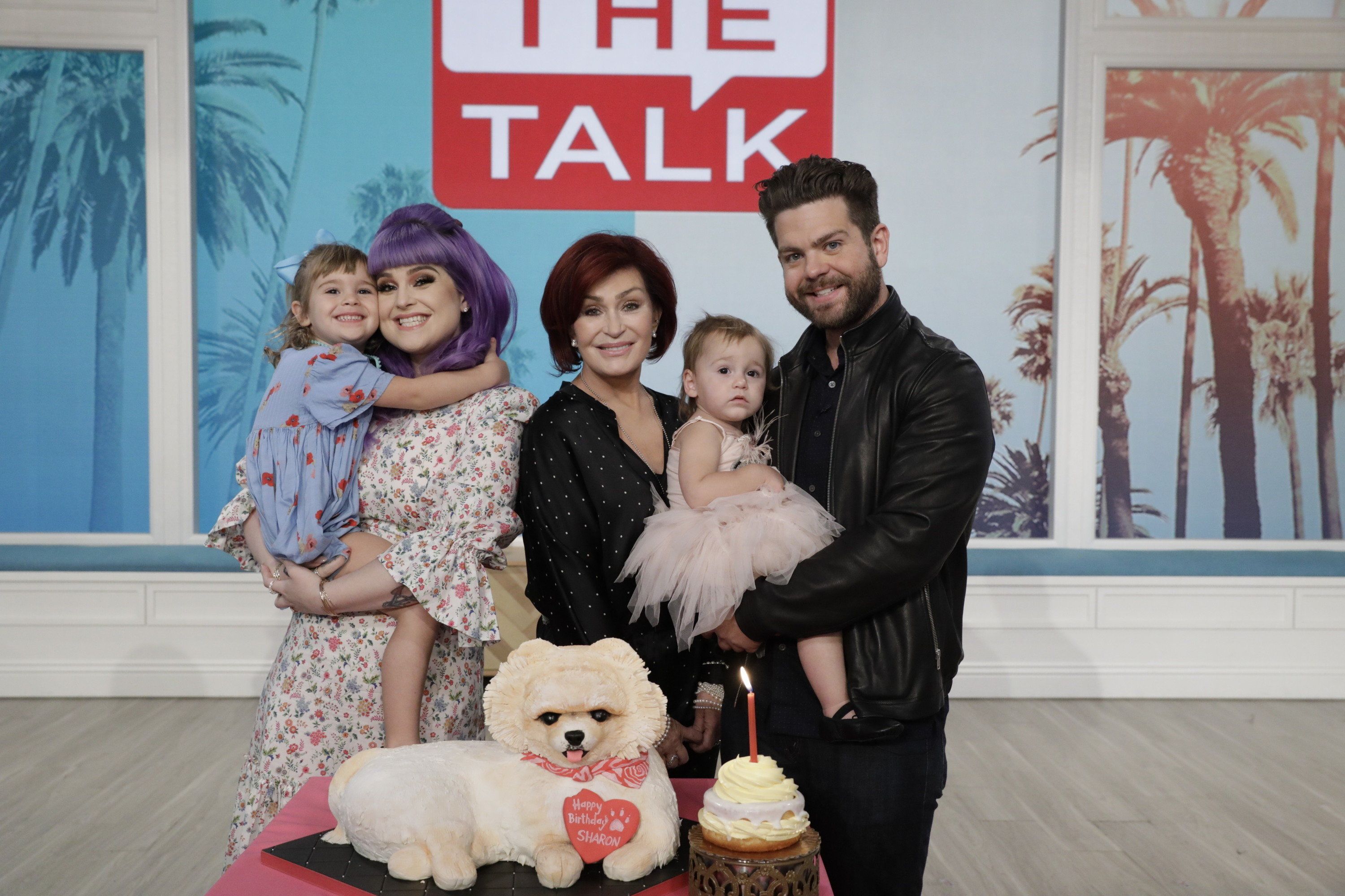 Kelly Osbourne, Sharon Osbourne, Jack Osbourne, and grandchildren on the set of The Talk