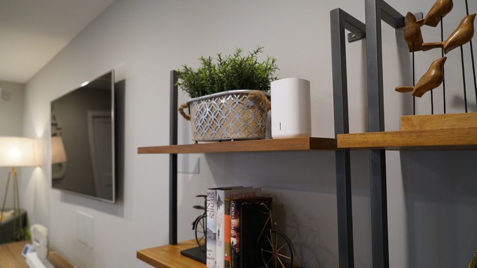 Photo of Alarm.com Demo House Entertainment room with smart speaker on a shelf.