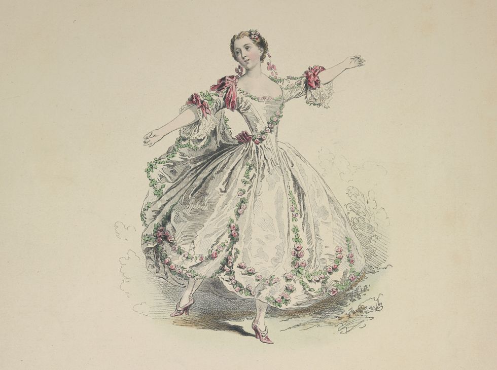 A lithograph of Camargo in a floral gown and heeled shoes with one leg lifted