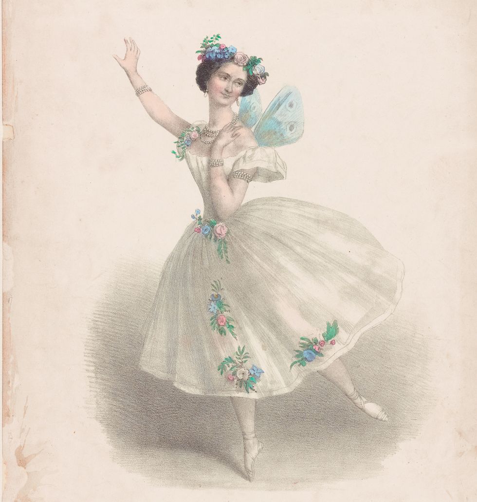 Lithograph of Taglioni in a dress covered in flowers and pearl jewelry and wings, standing on pointe in a low arabesque