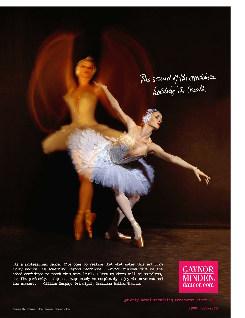 Full page ad of two photos of Gillian Murphy with a quote below, and pink Gaynor Minden logo