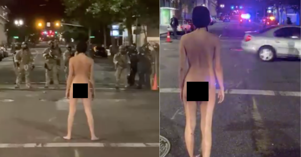 Portland Protester Leaves Police Bewildered After Confronting Them Wearing Only A Hat And A Face Mask