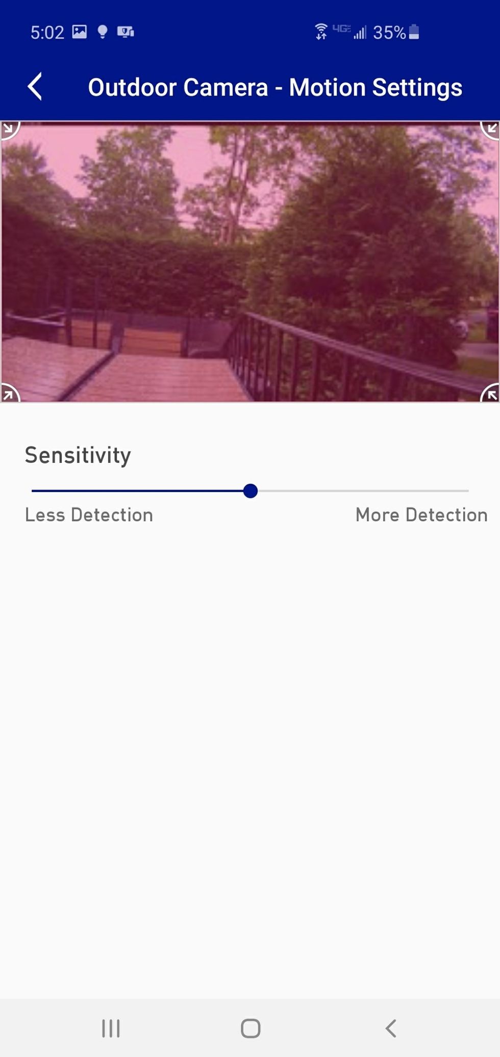 Blue by ADT app motion sensitivity settings for outdoor camera.