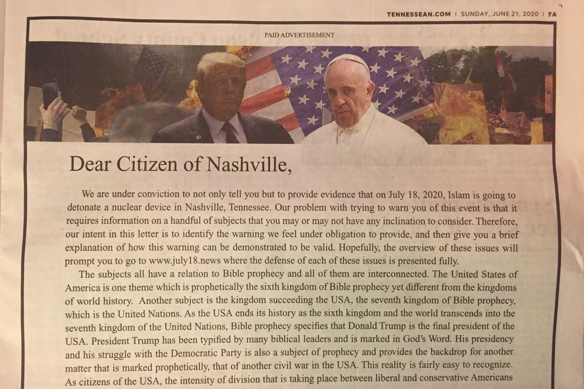 TN Newspaper Sorry For Running Ad Claiming 'Islam' Will Be Nuking Nashville In The Near Future
