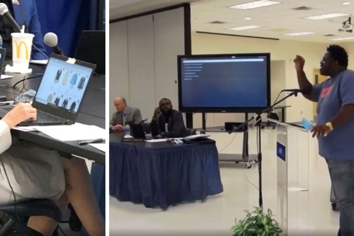Man calls out school board member after she's caught shopping during hearing on racism