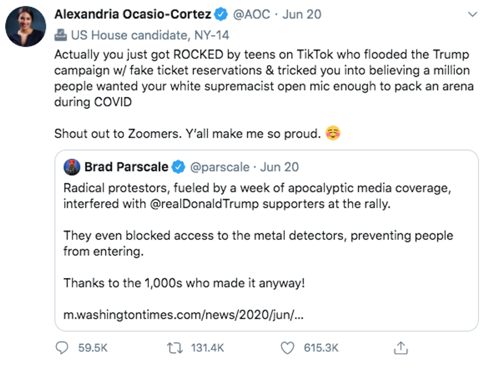 Tweet by Congresswoman Alexandria Ocasio-Cortez, responding to Trump's campaign manager Brad Parscale. AOC's tweet reads:  