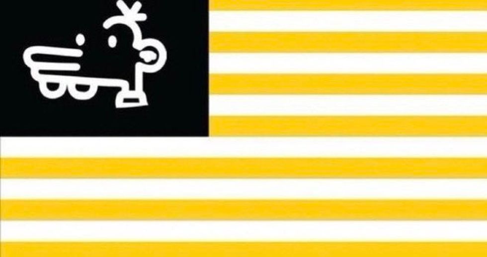 A flag that has yellow and white stripes, as well as a black box with the white drawing of Manny from "Diary of Wimpy Kid"
