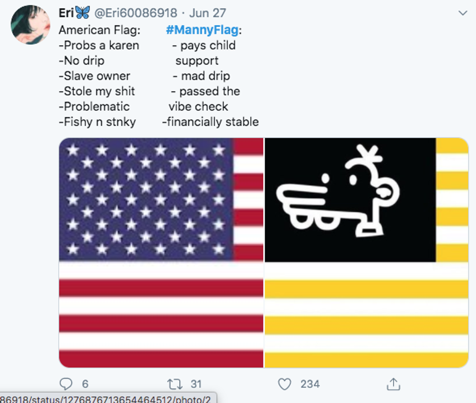 A tweet where a young person compares the American flag and the Manny flag