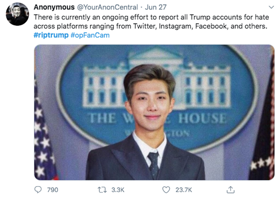 Screenshot from a tweet from Anonymous that says: "There is currently an ongoing effort to report all Trump accounts for hate across platforms ranging from Twitter, Instagram, Facebook, and others. #riptrump #opFanCam"