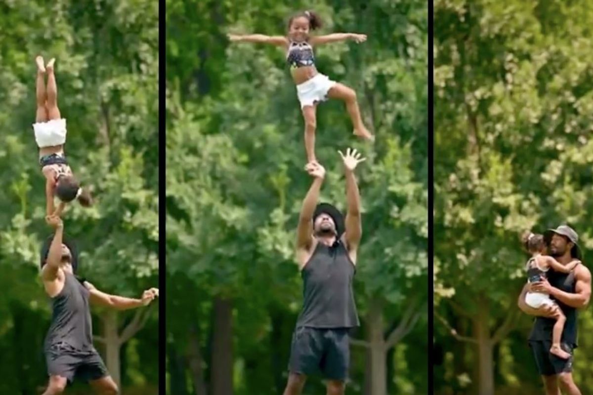 Dad coaching his 4-yr-old through a harrowing cheer stunt mistake is peak patient parenting