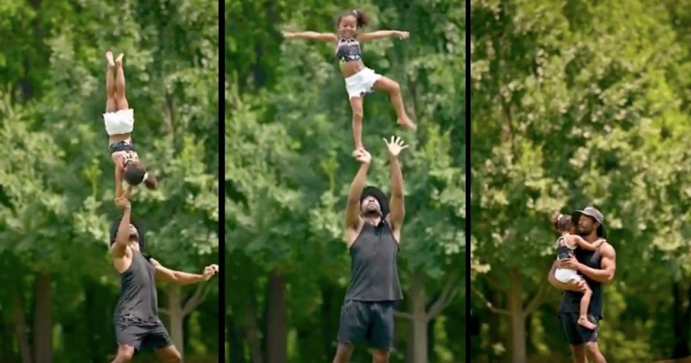 Dad coaching his 4-yr-old through a harrowing cheer stunt mistake is peak patient parenting