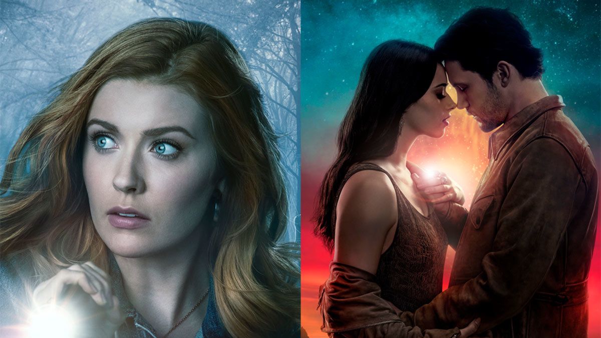Diptych photo of Kennedy McMann as Nancy Drew and Nathan Dean and Jeanine Mason in Roswell, New Mexico.