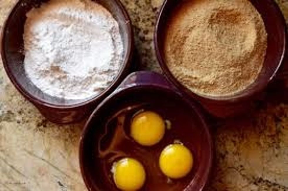 Flour, Eggs, and Bread Crumbs In Bowls