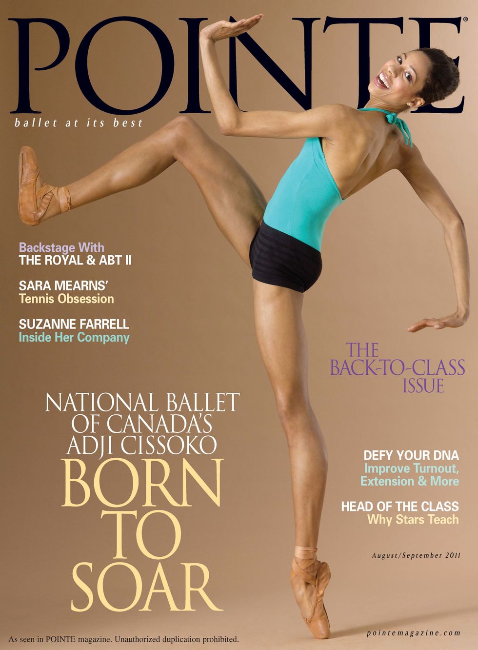 Cissoko, in a teal halter leotard and short black shorts and pointe shoes, leans back in a jaunty pose, smiling on the cover of Pointe, against a tan background with black text.