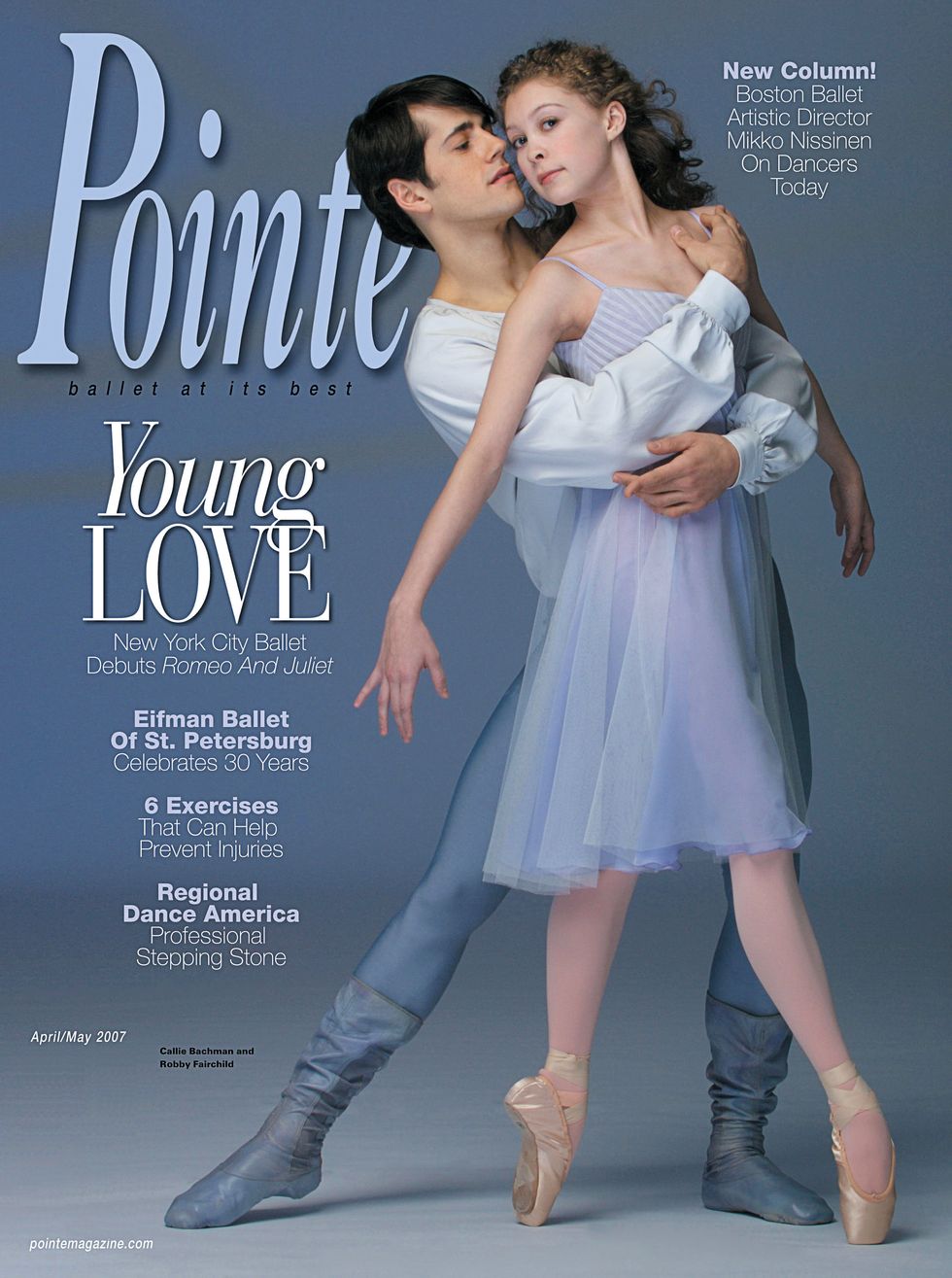 Fairchild and Bachman dressed in pale blue, Fairchild embraces Bachman on a blue cover of Pointe with pale blue text