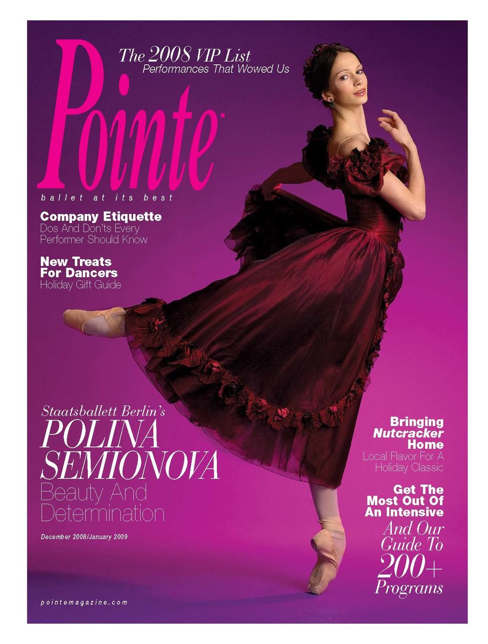 Semionova in a burgundy gown, posing in a back attitude and holding her skirt on a bright purple cover of Pointe with hot pink text.