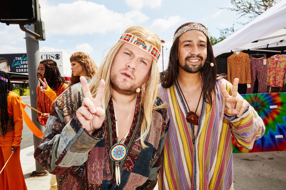 Lin Manuel Miranda performs in Crosswalk The Musical Hair with James Corden on The Late Late Show