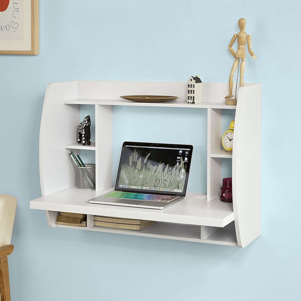 Compact, wall-mounted desk and shelves