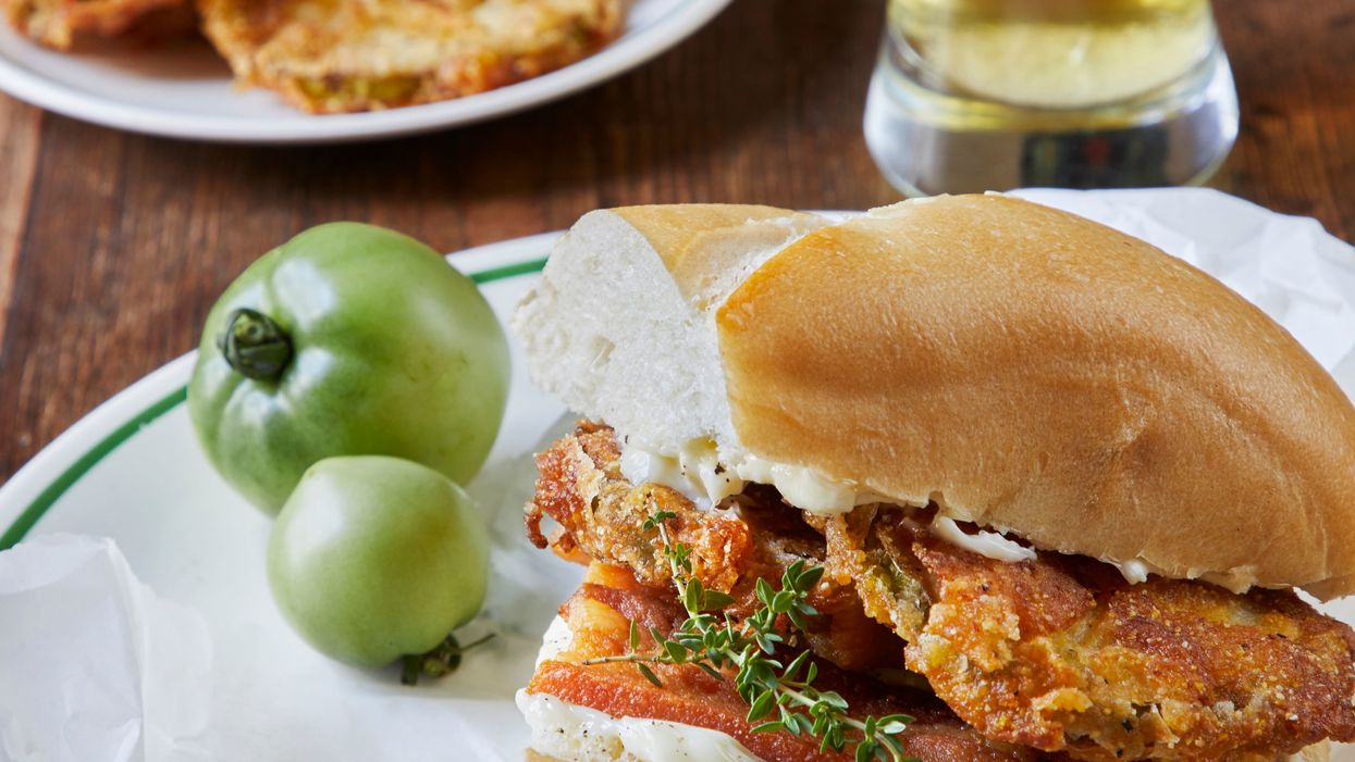 Fried green tomatoes and bacon on toasted French bread? Yes, please!