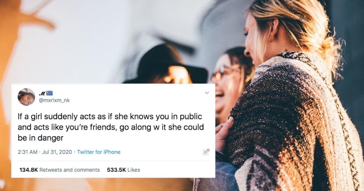 Women smiling together, overlaid tweet about helping a woman in danger.