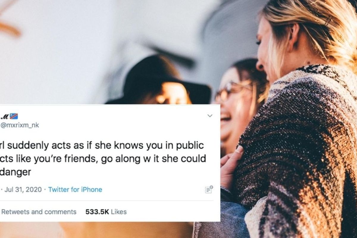 Women smiling together, overlaid tweet about helping a woman in danger.