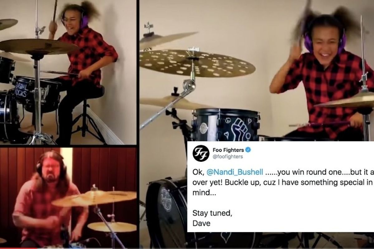 10-yr-old drum prodigy challenged Dave Grohl to a drum battle, and it's SO fun to watch