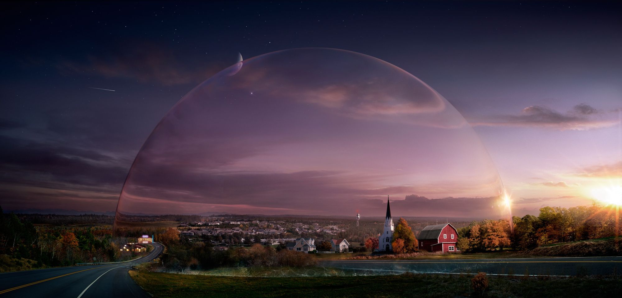 Under The Dome key art showing a dome over a small New England town