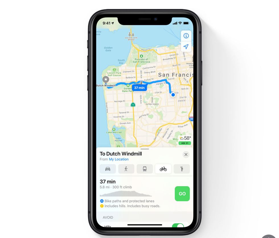 Cycling options in the Maps app of iOS 14