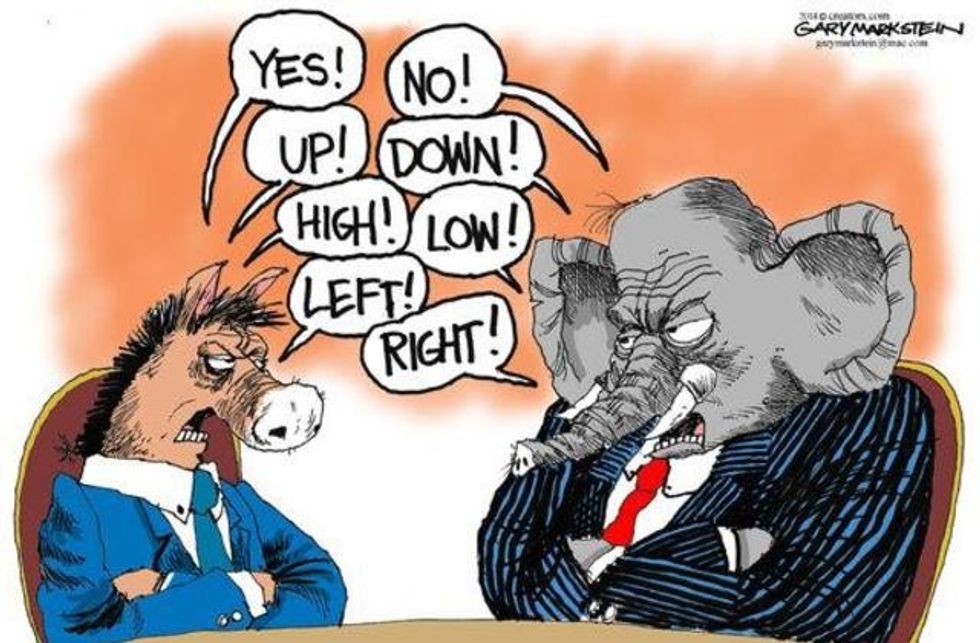 Donkey and Elephant wearing suits and arguing.