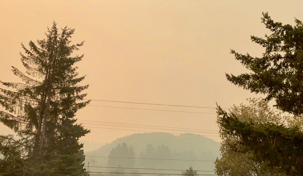 A mountain in the distance is framed by pine trees and blurred by a smoky orange sky.