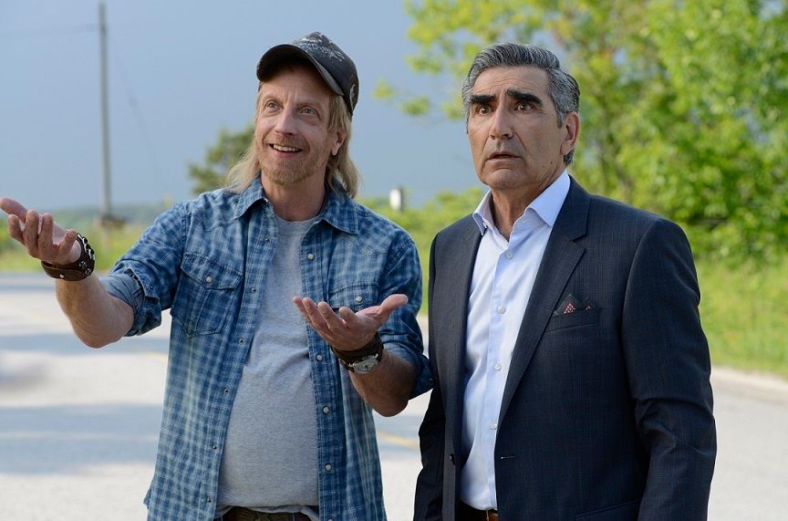 Chris Elliott as Schitts Creek Mayor Roland Schitt with Eugene Levy as Johnny Rose