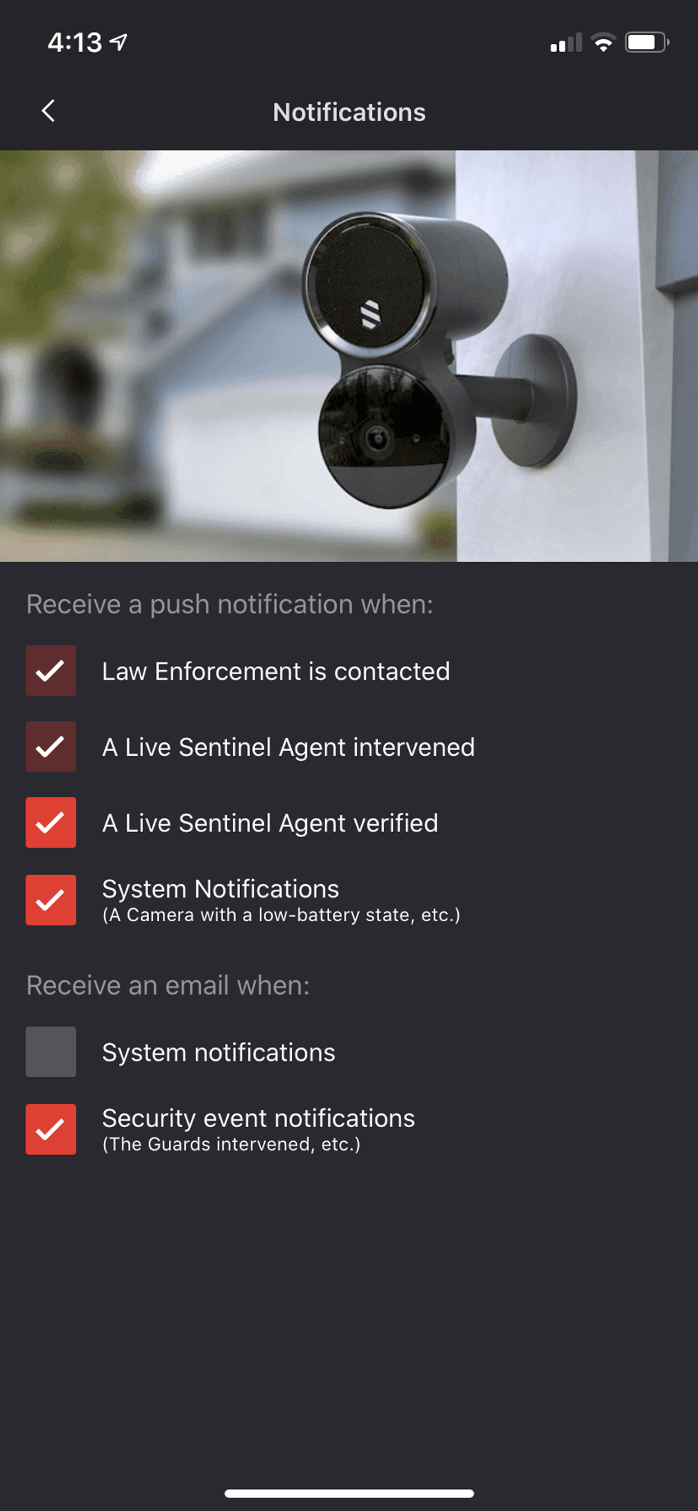 Notification page in app for your Deep Sentinel Camera