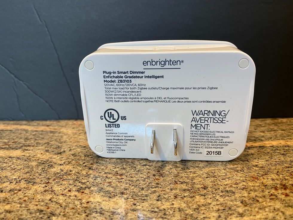 Backside view of Enbrighten Zigbee smart plug