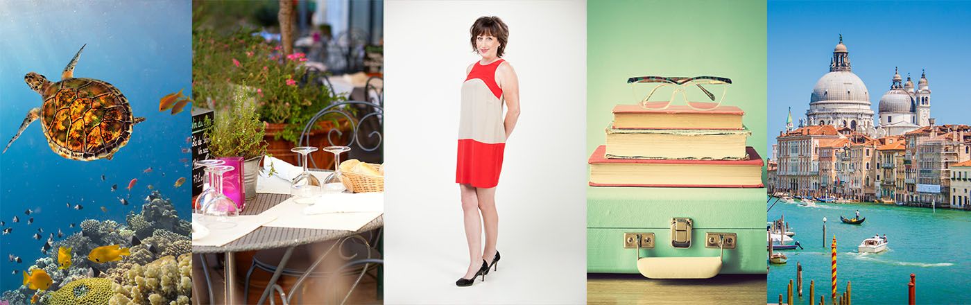 A collage consiting of a sea turtle, a Parisian cafe table, Mo actress Beth Hall, some travel books and a Venician canal.
