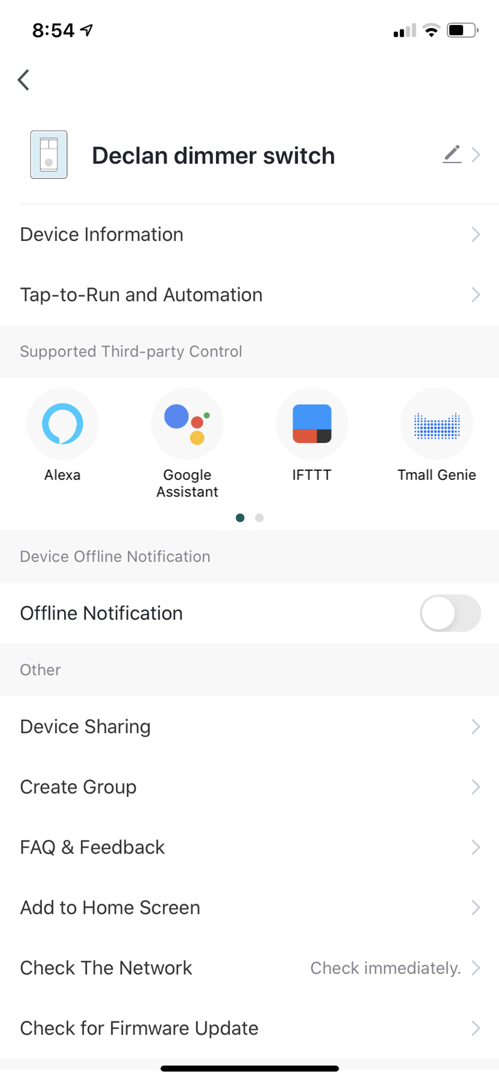 Device settings page in TreatLife app