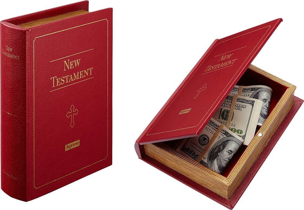 (Left) Branded red New Testament Bible; (Right) Opened stash box containing bands of cash