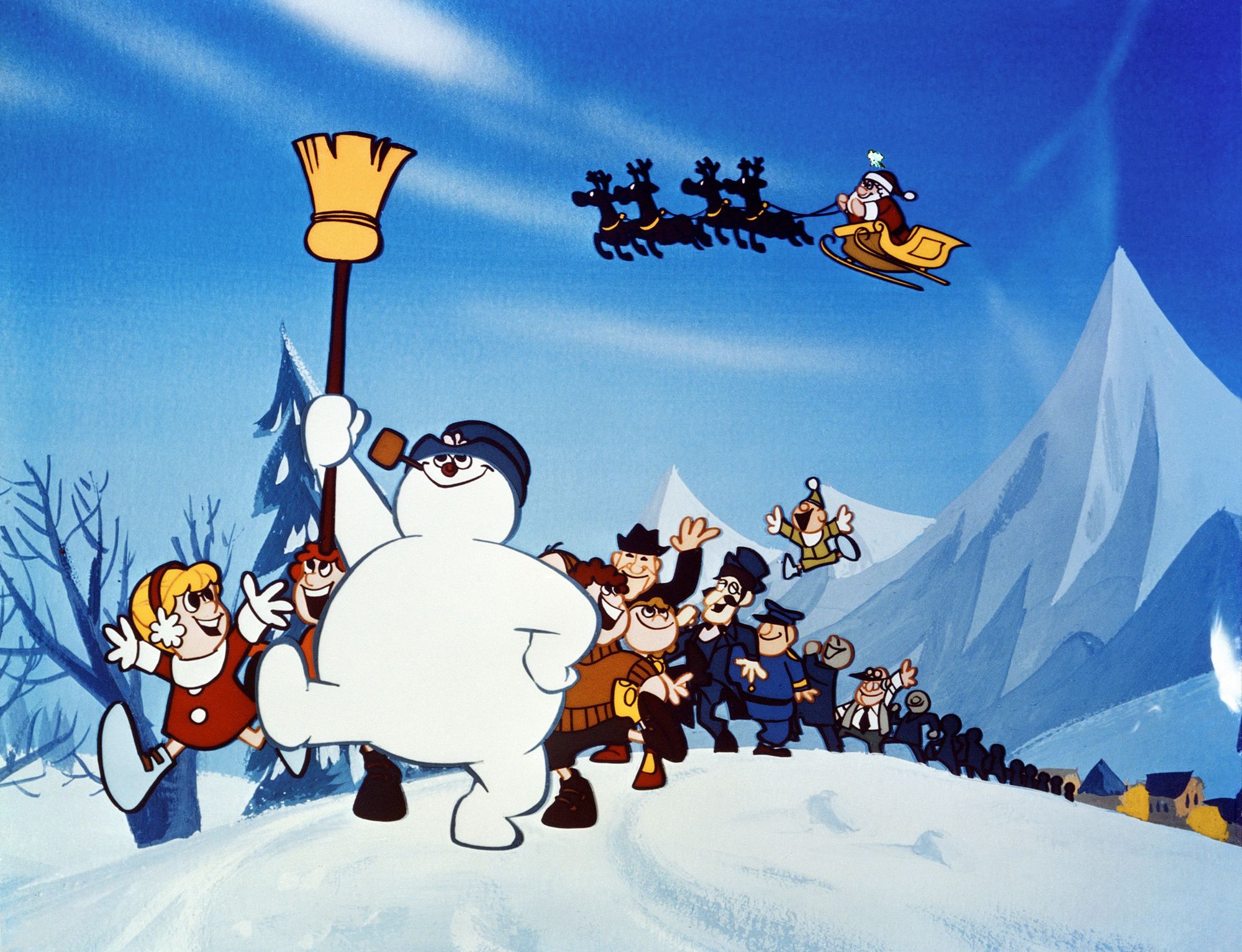 Frosty the Snowman leads a line of villagers