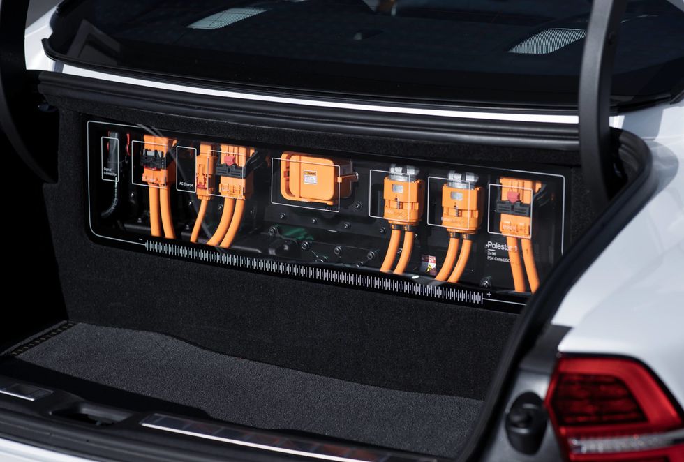 Hybrid system power cables in the trunk of the Polestar 1