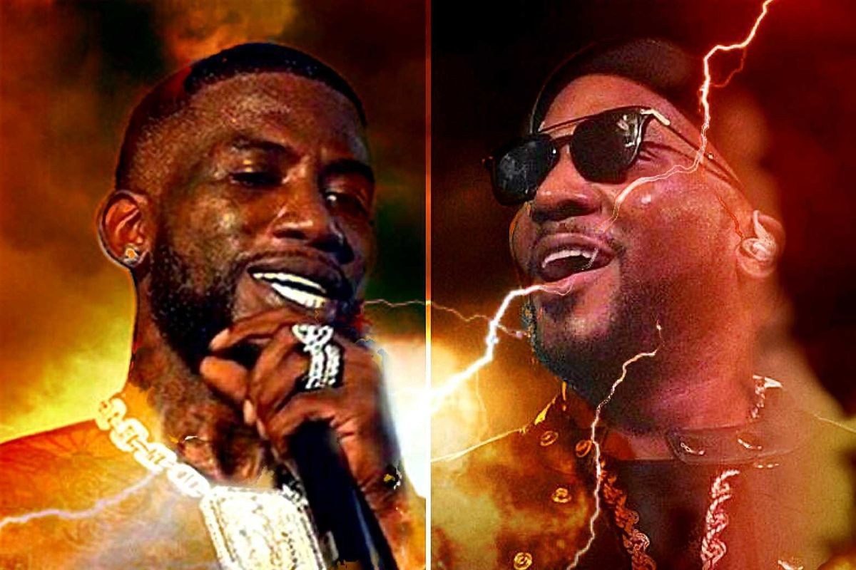 Gucci Mane holding a microphone and Jeezy smiling