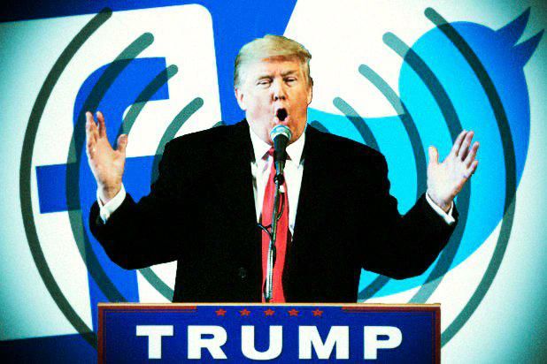 President Trump in front of Facebook and Twitter logos