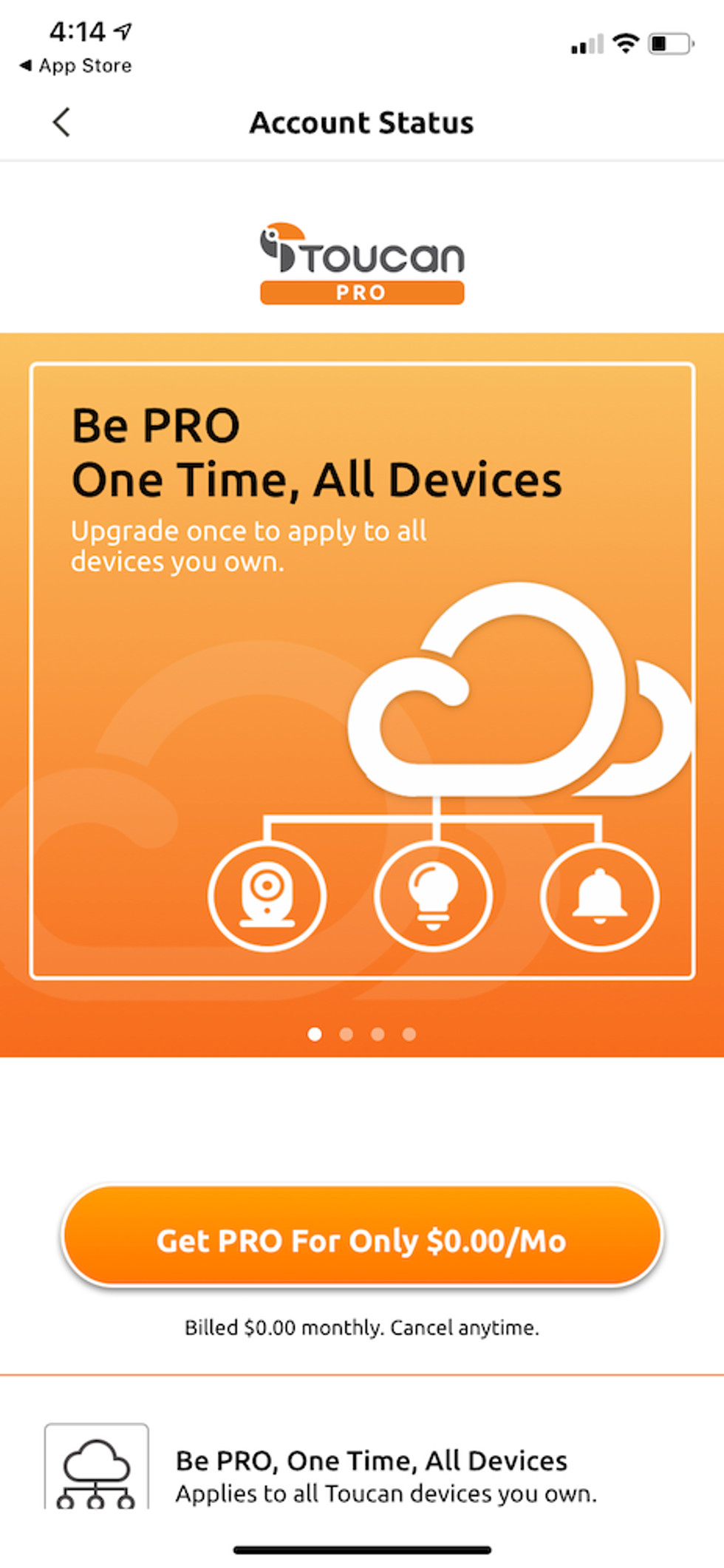 Screenshot of Toucan Shield Pro plan in app