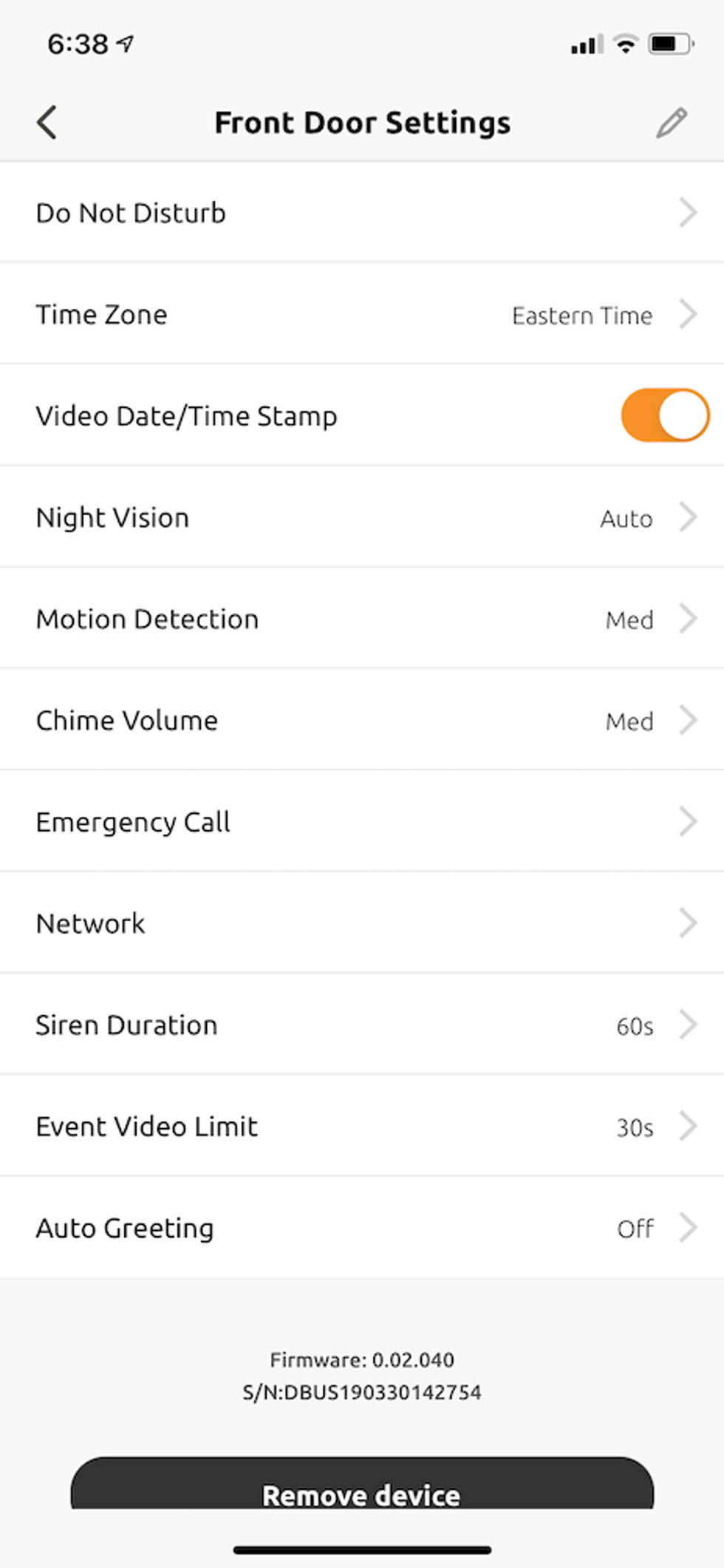 screenshot of video settings for Toucan video doorbell in app.