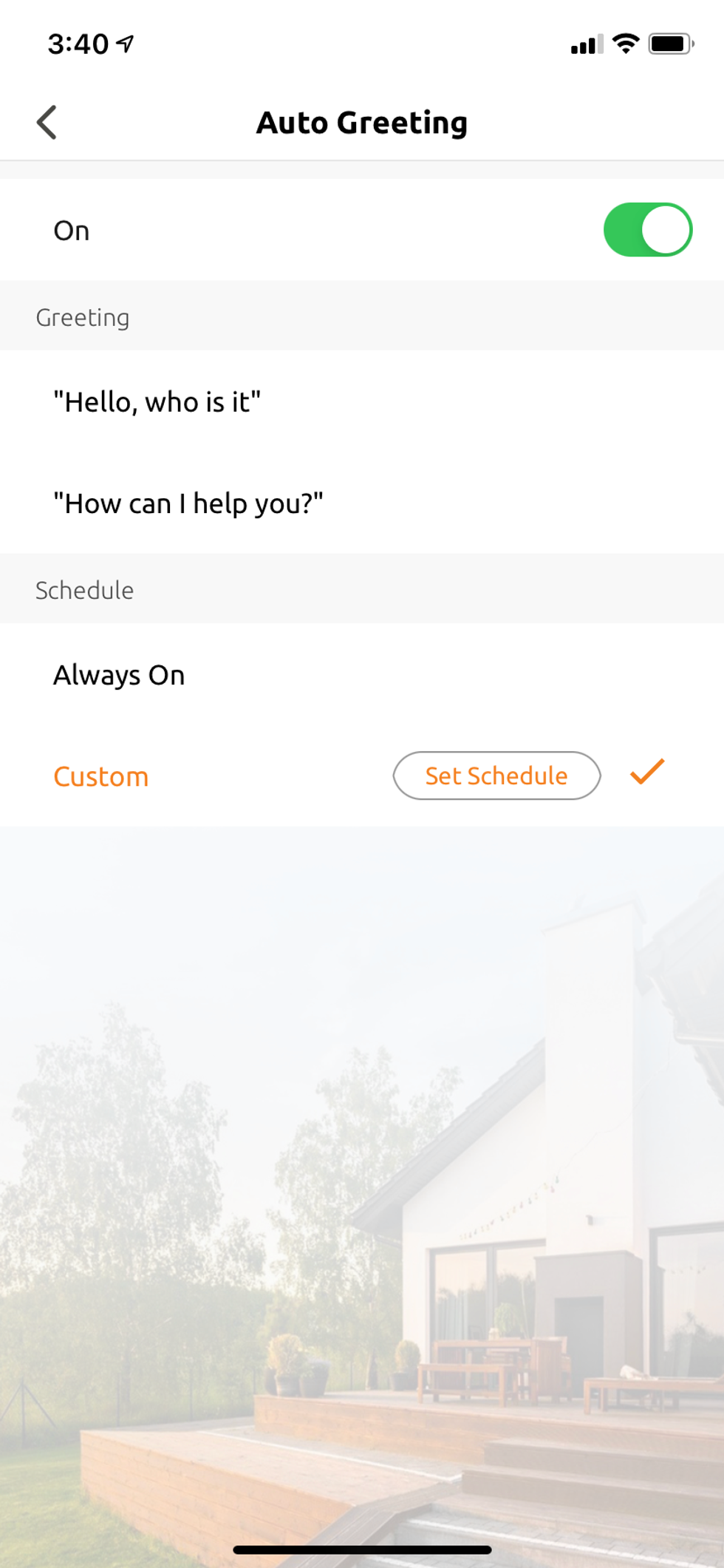 Auto Greeting setup in Toucan app for video doorbell