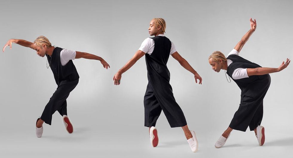 In this series of three photos, Gabe Stone Shayer balances on the toes of his white canvas sneakers in various poses. He wears a loose-fitting black jumper over a white T-shirt.